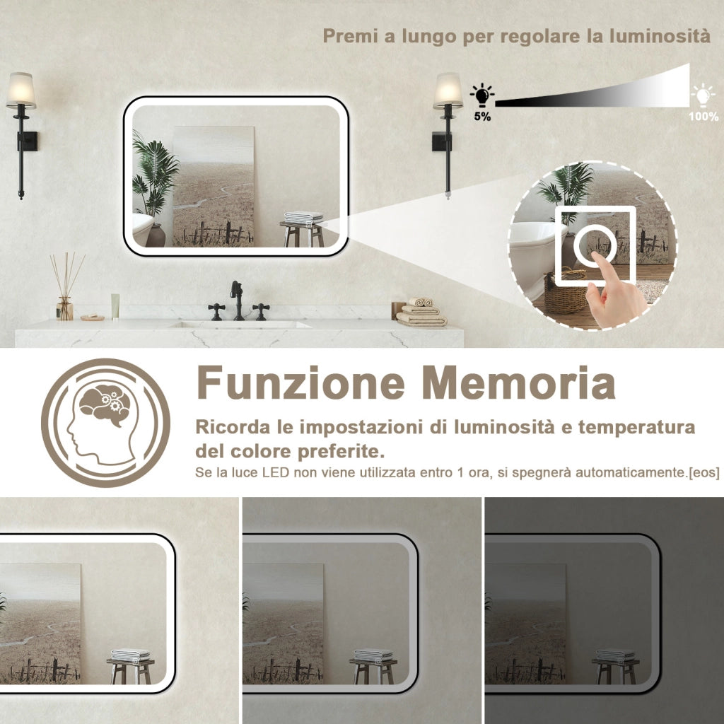 Specchio bagno Rettangolare 100x60cm Retroilluminato Con Led, Antiappannamento + 3 Luci