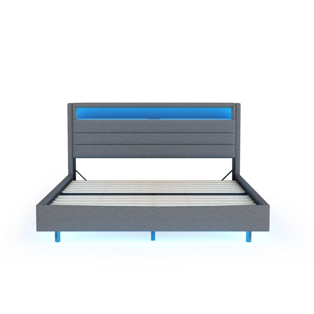 Letto imbottito 160x200 cm con USB e luci LED; tessuto effetto lino grigio (Senza materasso)