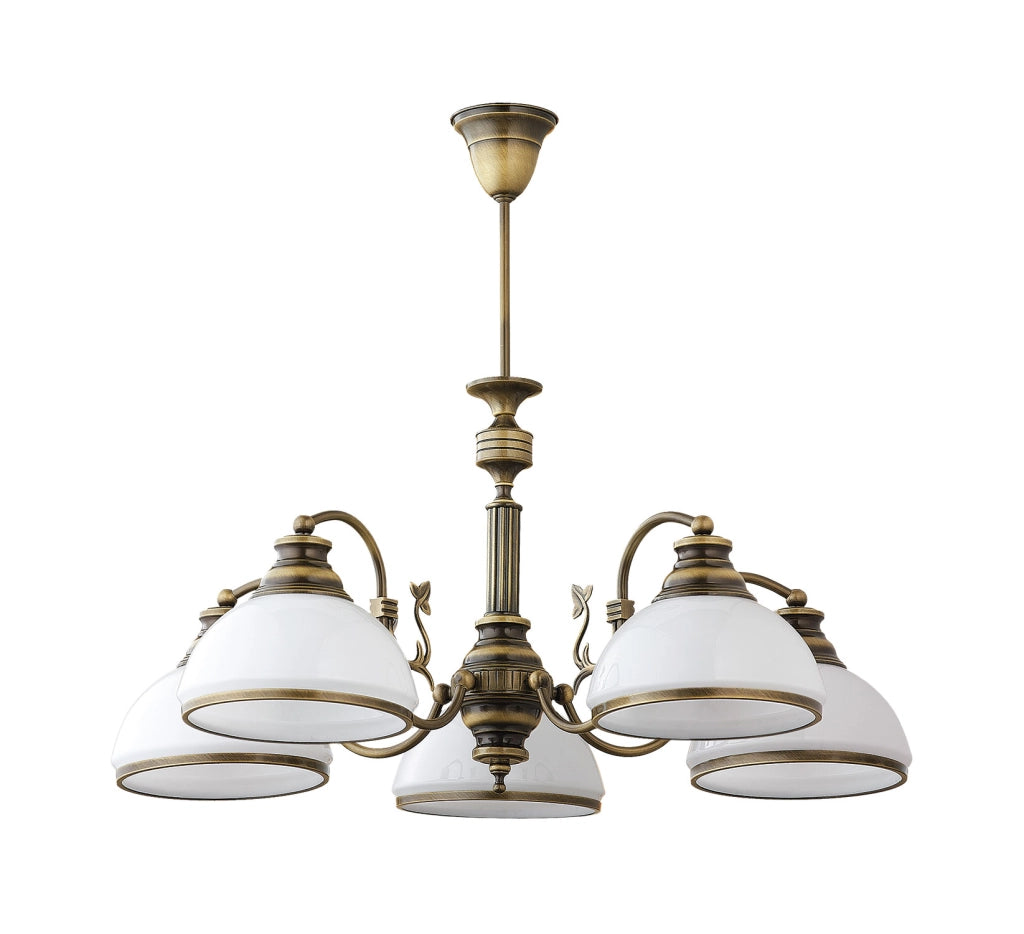 Lampadario retro Zeus ottone patinato vetro bianco 5xE27