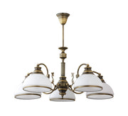 Lampadario retro Zeus ottone patinato vetro bianco 5xE27