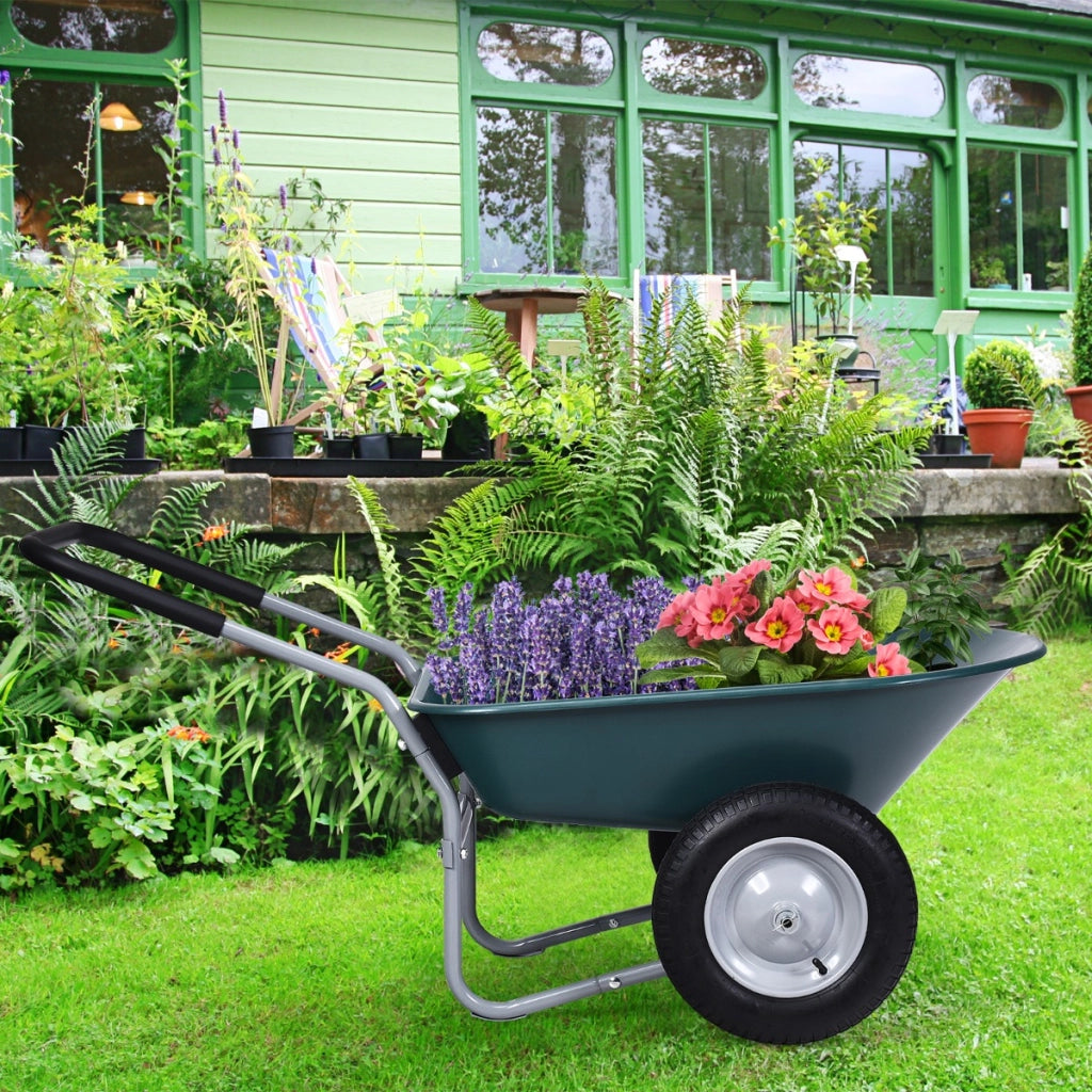 Carriola da giardino con 2 ruote e struttura in acciaio, Carrello resistente con capacit¨¤ di carico 100kg Verde-Attrezzi da giardino