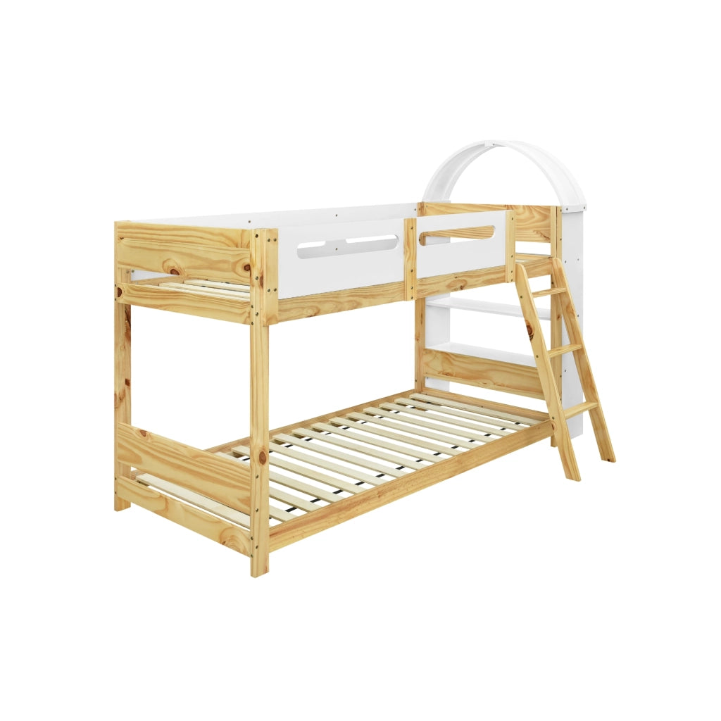 Letto a Castello 90x200 cm; con Mensola a 3 Ripiani e Scala a 3 Gradini - Bianco e Naturale
