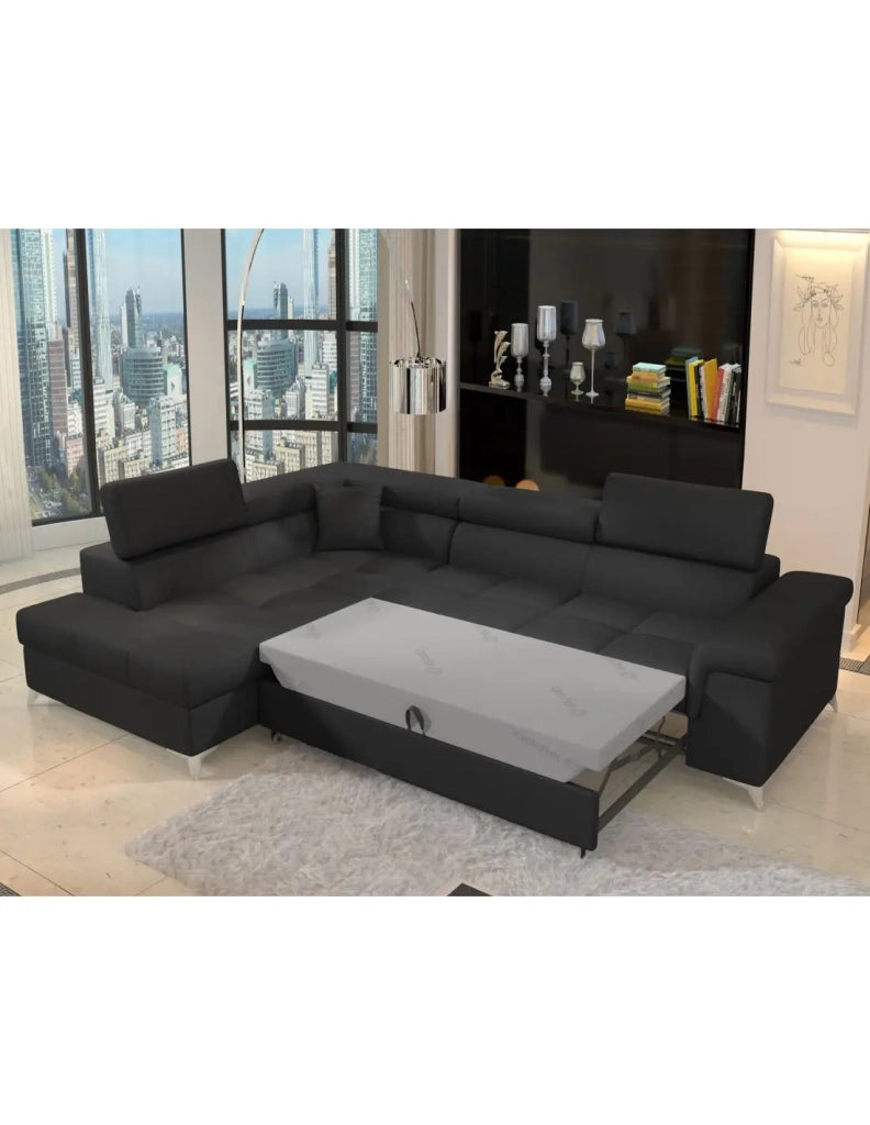 Divano letto angolare PALAZZO 4 posti nero – angolo sinistro con 1 cuscino