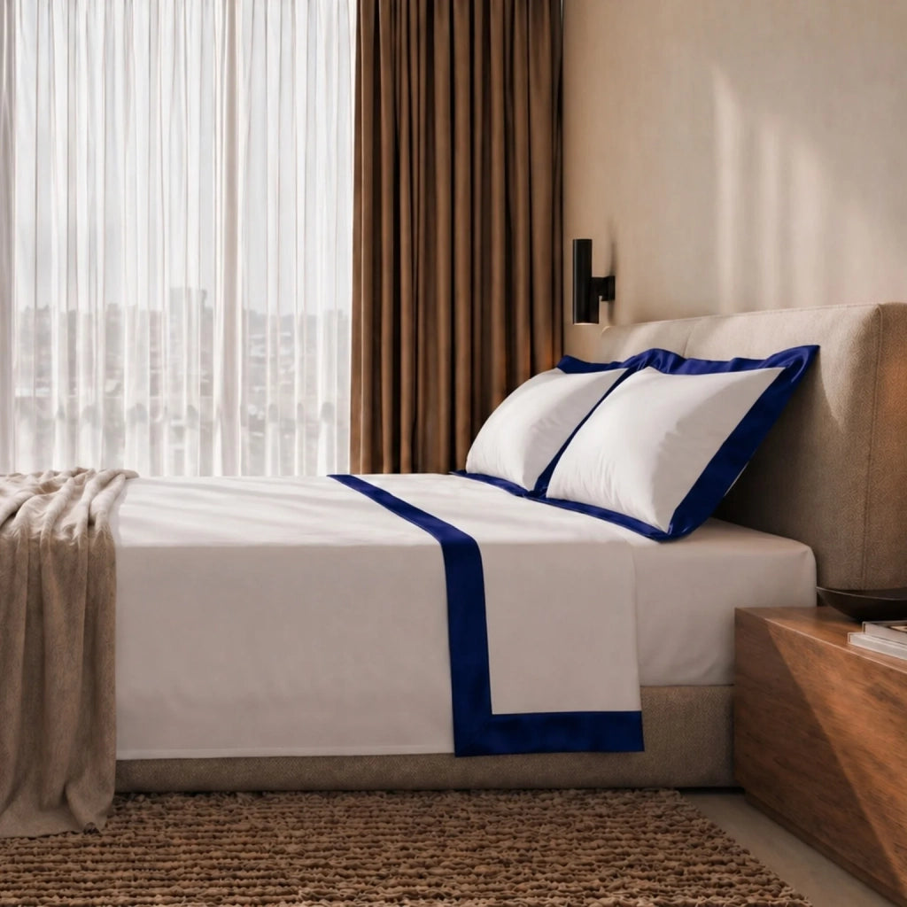 Set Lenzuola Letto Una Piazza e Mezza 100% Cotone | Lenzuolo Piano 190x295 cm, Lenzuolo con Angoli 130x200 cm e 1 Federa Coordinata | Lenzuola con Balza Decorativa in Raso Blu