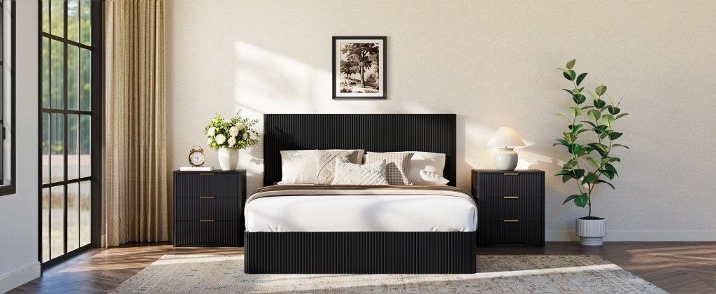 Letto contenitore 160 × 200 cm con sollevamento idraulico, grande vano, testiera a rilievo, senza materasso, nero