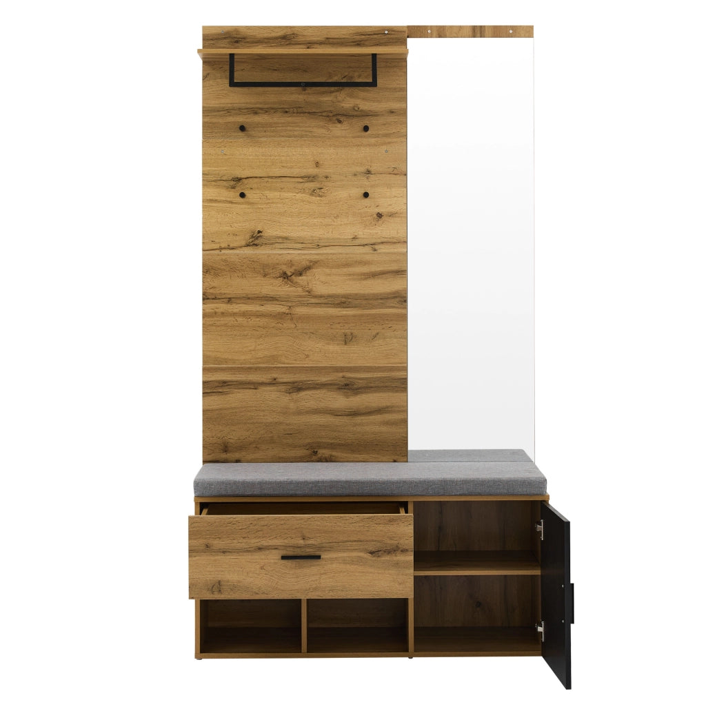 Garderoba ingresso 190 cm in effetto legno con specchio; panca imbottita e porta scarpe; colore rovere