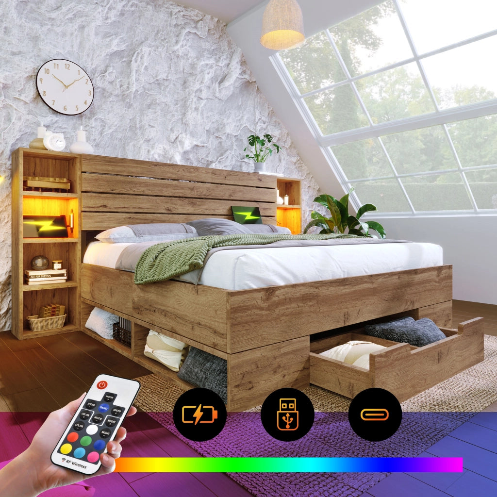 OKWISH Letto con Cassetti 180×200 cm, Letto Matrimoniale con LED Regolabile, USB, Tipo C e 2 Cassetti, senza Materasso, Legno e Metallo, Rovere