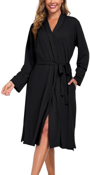 Kimono da donna, abito lungo per la camera, leggero, collo V morbido e maniche lunghe con tasche, adatto per sauna, spa, surf, viaggi e abbigliamento da casa
