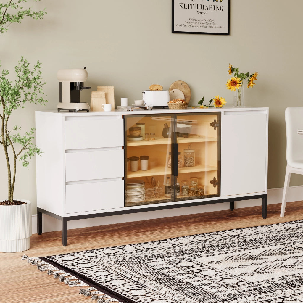 Buffet-Schrank mit Aufbewahrung - Zephmum - K¨¹che Seitenpanel mit T¨¹ren und 3 Schubladen, wei?