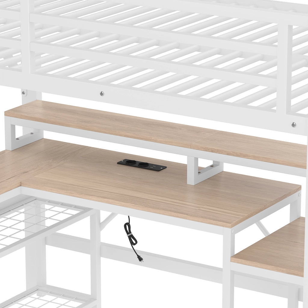 Letto a soppalco 140x200 cm con LED; USB e scrivania in metallo e MDF bianco