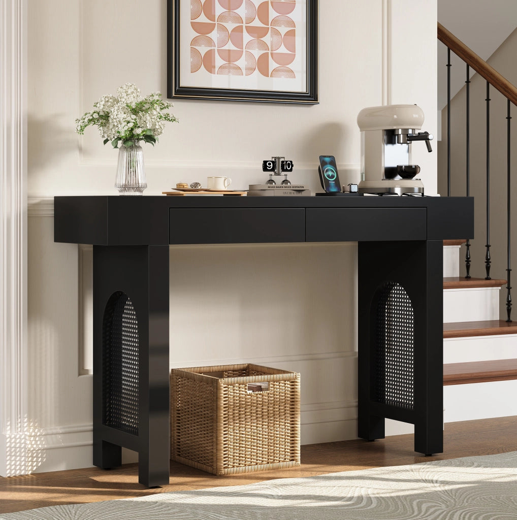 Tavolo consolle con 2 cassetti e multipresa USB/Type-C 120x35;5x76;5 cm in MDF nero