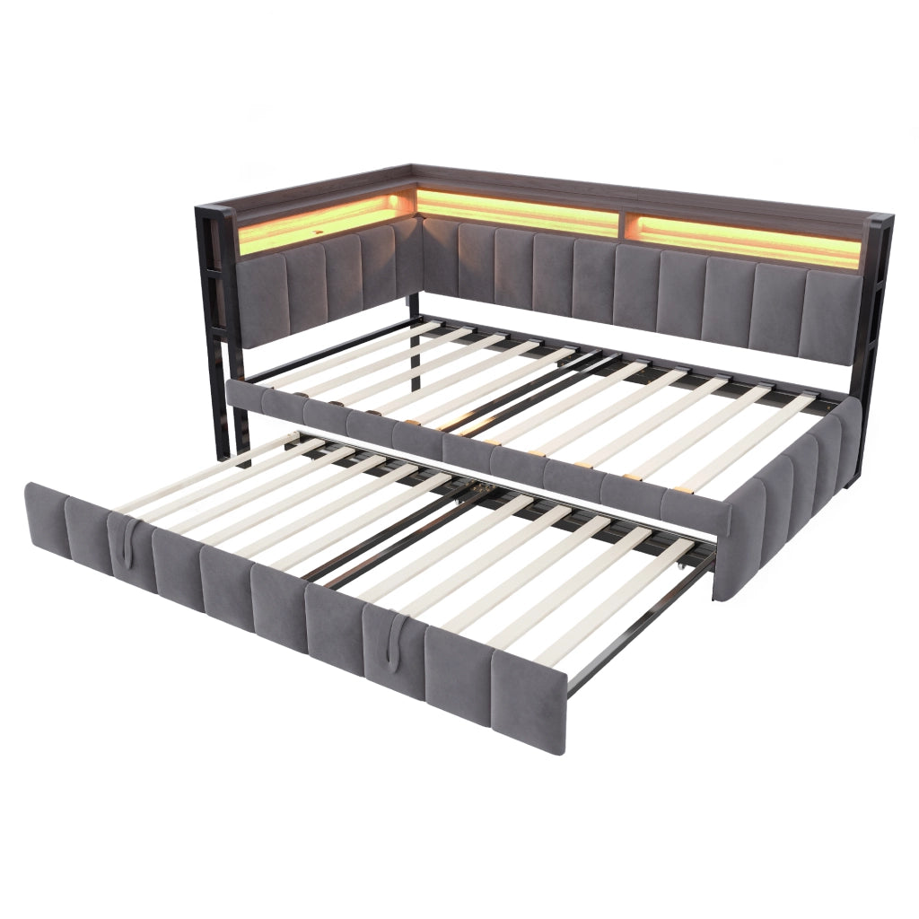 Letto estraibile singolo 90×200 cm con LED; ripiani; USB e Type-C; senza materasso; tessuto; grigio scuro