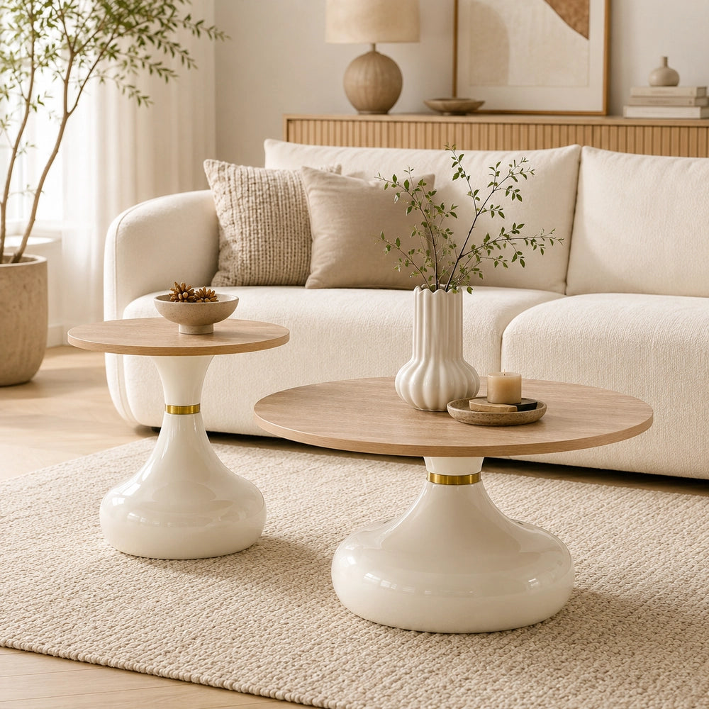 Set di 2 tavolini da caff¨¨ ¨C Minimal ¨C Effetto travertino, struttura metallo bianco
