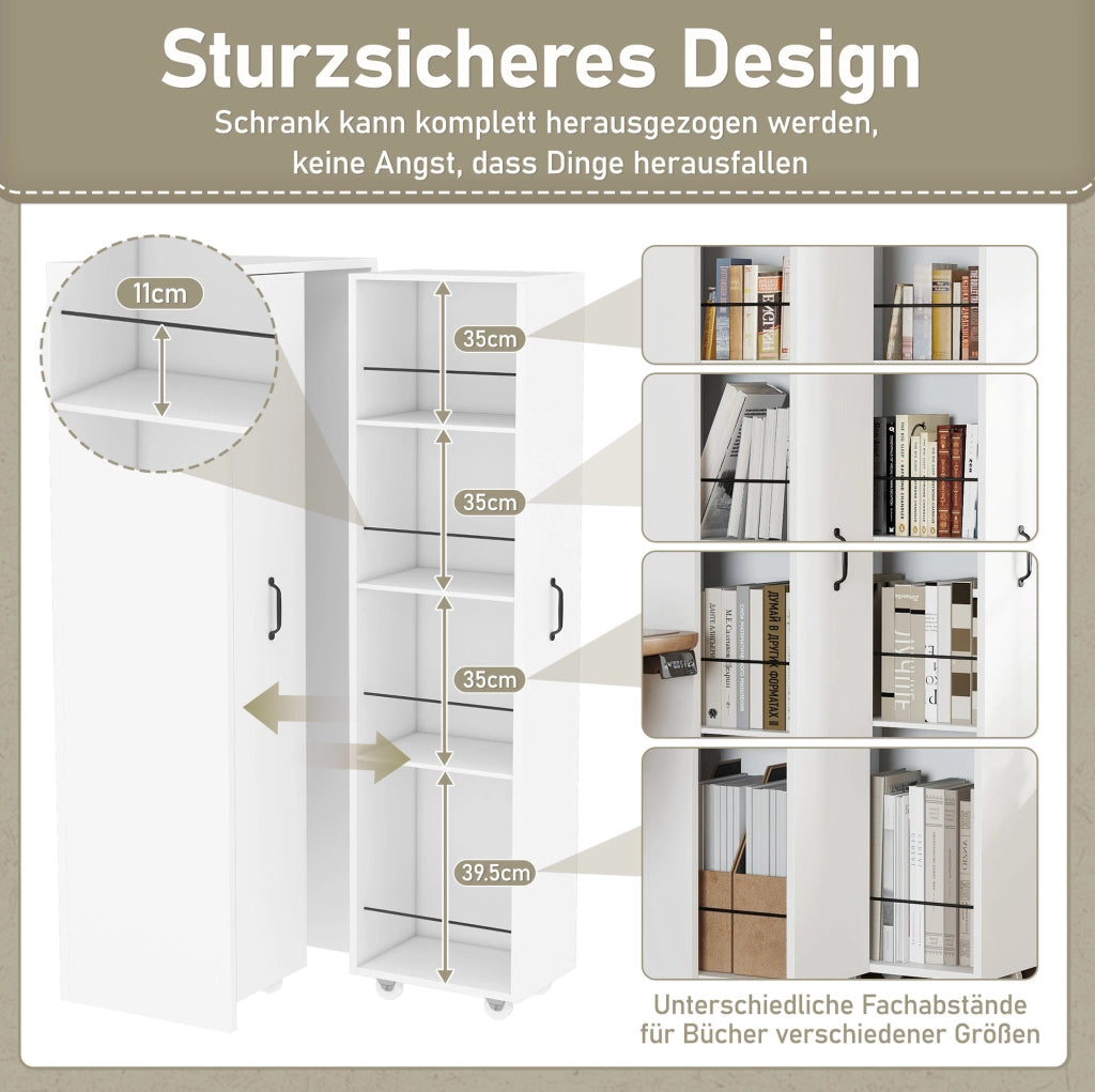 Libreria estraibile su ruote a 4 ripiani; MDF bianco; 51;5 x 41 x 158 cm