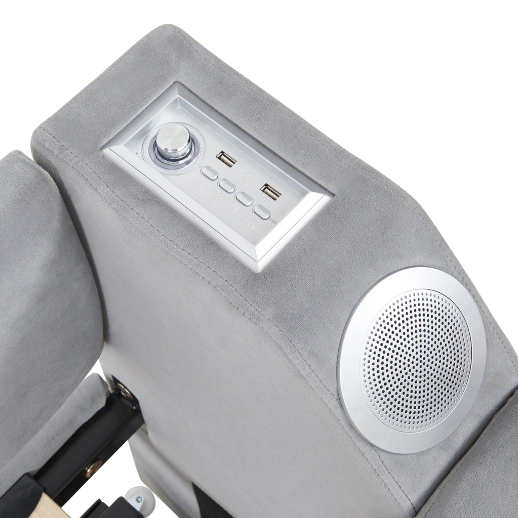 Divano letto 90x190 cm estendibile con Bluetooth; USB e vani portaoggetti in velluto grigio