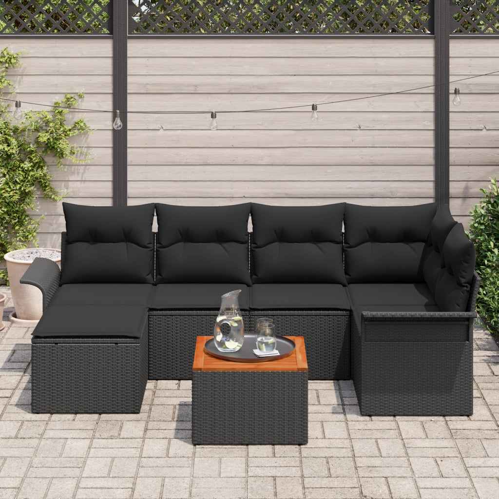 Set Divano Giardino 7 Pezzi con Cuscini Nero in Rattan Polietilenico Acacia