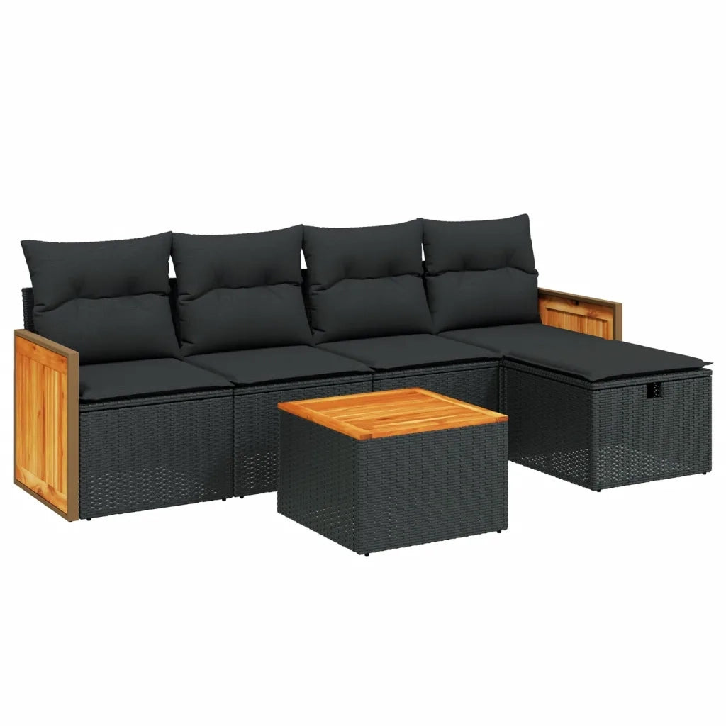 Set Divano da Giardino 6 pz con Cuscini Nero in Polyrattan