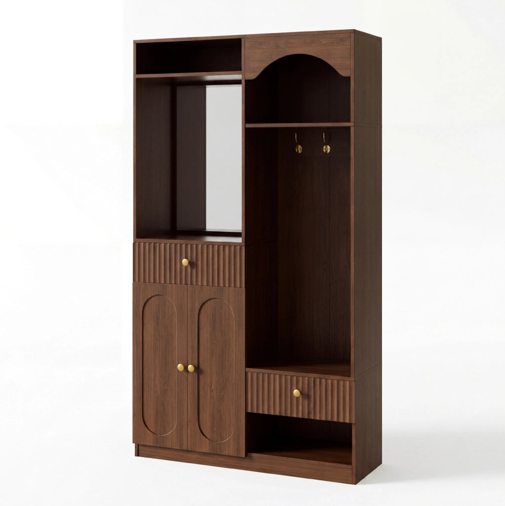 Garderoba da ingresso multifunzione con specchio; LED; panca e appendiabiti 100x35x180 cm; noce