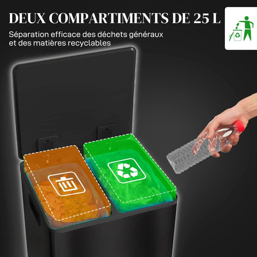 Bidone per rifiuti da cucina 2 scomparti 50L ¨C Minimal ¨C Acciaio inox nero 47.5x37.5x56cm