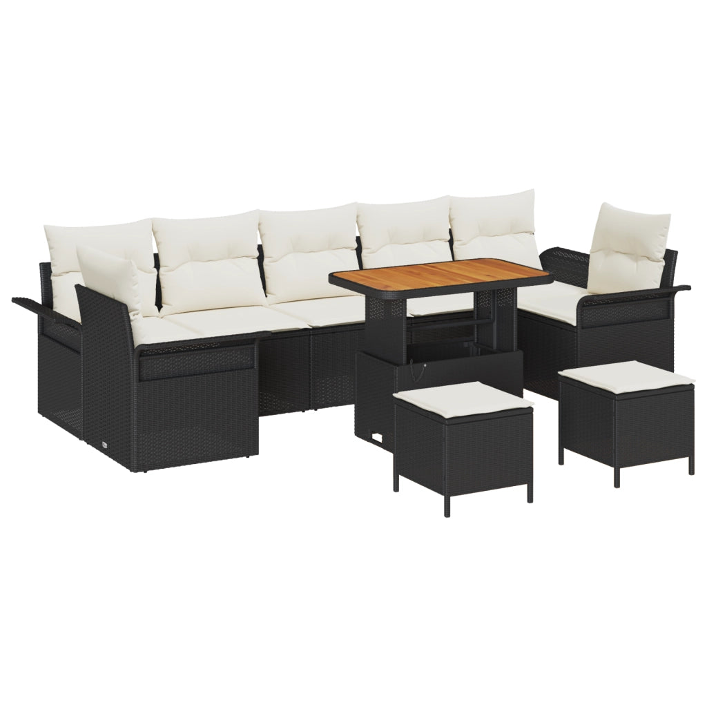 Set di divani da giardino da 10 pezzi con cuscini neri in polyrattan acacia