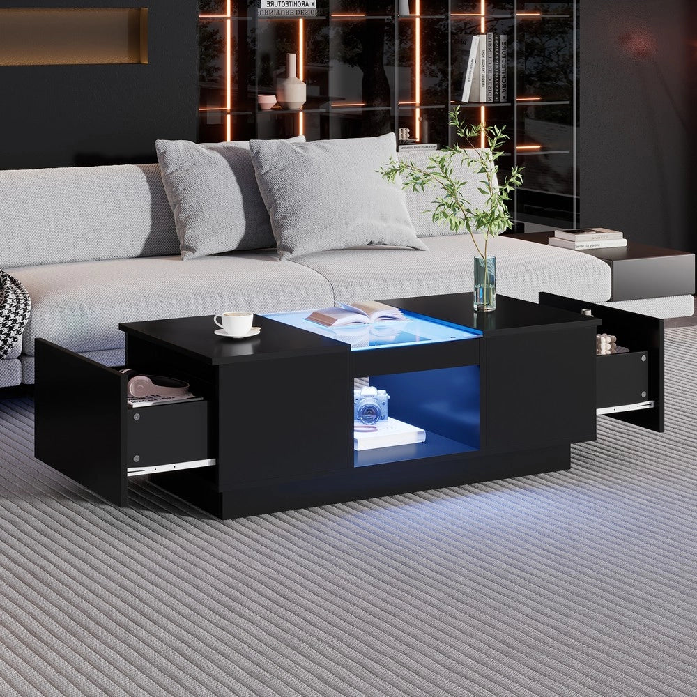 Tavolino da Caff¨¨ con LED, Vetro, 2 Cassetti ¨C MINIMAL ¨C Nero 100x50x35