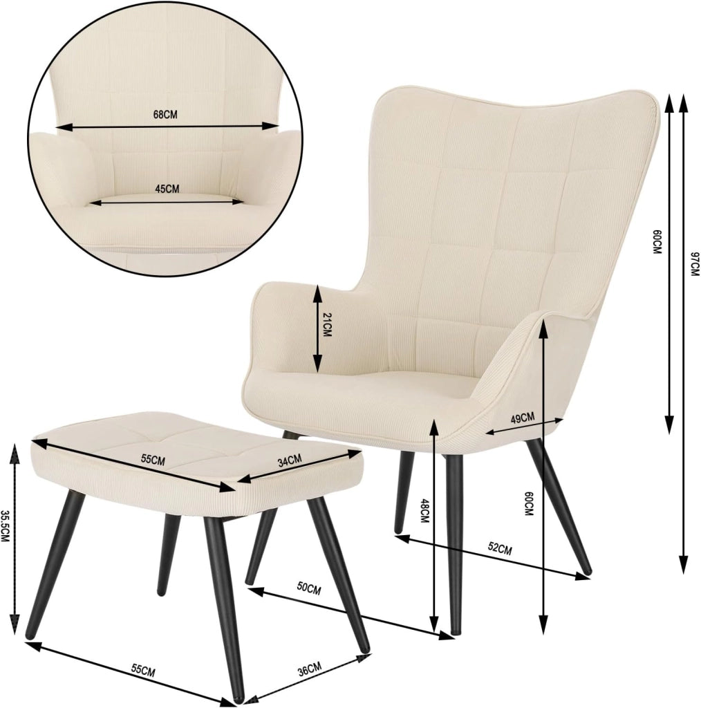 Poltrona Imbottita con Pouf Poggiapiedi Sedia Poltroncina Relax con Braccioli e Schienale Alto per Camera da Letto Salotto in Velluto,Crema SKS28cm