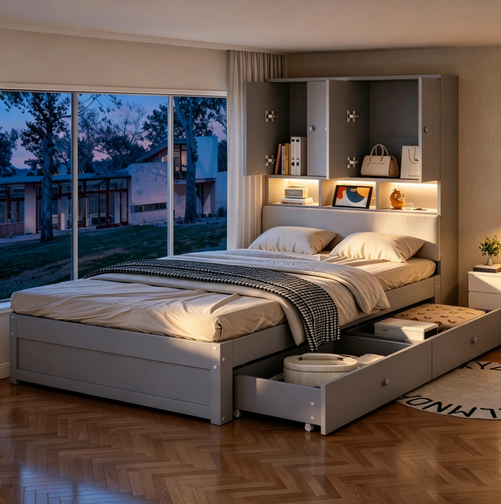 Letto singolo multifunzione 90x200 cm con contenitore; LED; presa e cassetti; grigio