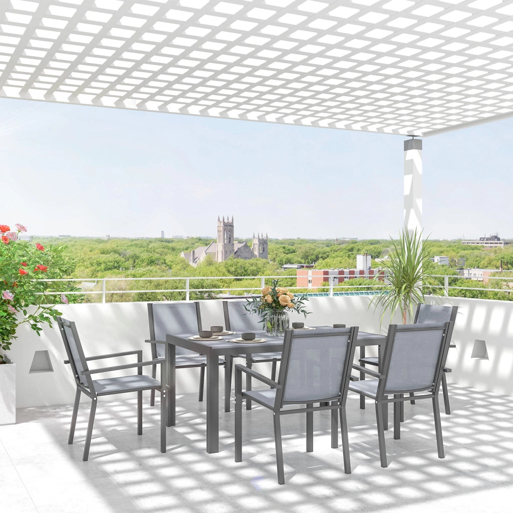 Set da Giardino con 6 Sedie Impilabili e Tavolo da Pranzo Rettangolare, Grigio Chiaro