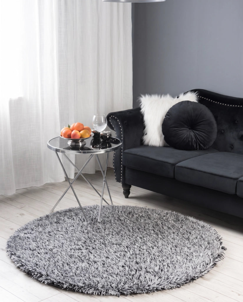 Tappeto Shaggy Tappeto a pelo lungo Solido Poliestere Bianco e Nero Rotondo 140 cm