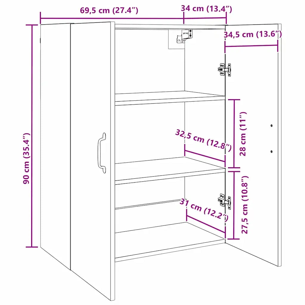 vidaXL Armadio pensile Rovere nero 69.5 x 34 x 90 cm Legno multistrato