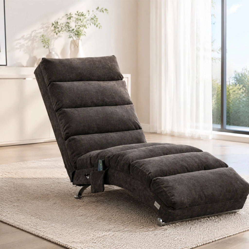 Chaise longue relax con vibrazione; schienale ergonomico 140°; in lino grigio scuro; 55x148x84 cm