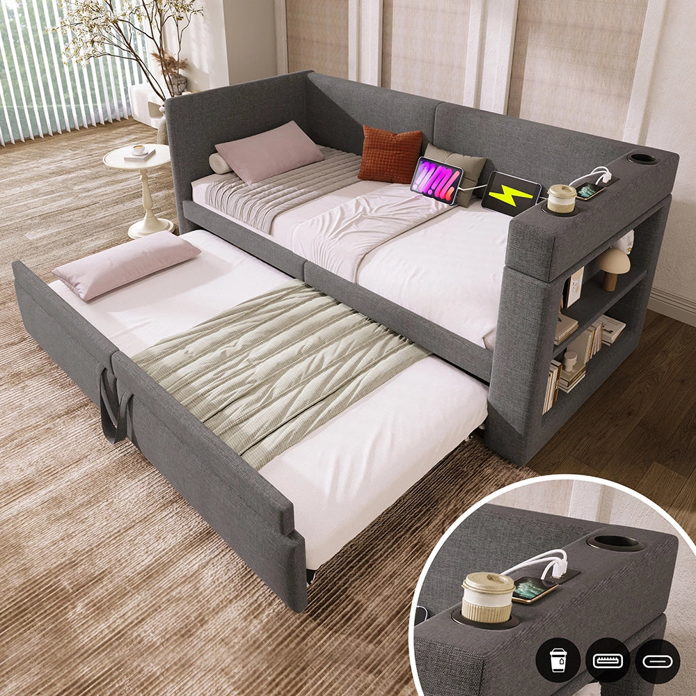 Letto a giorno-Xylo-90x200 cm-ribaltabile, USB-C, portabicchieri, misto lino, grigio