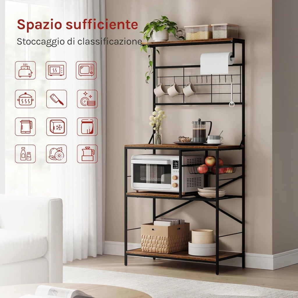 Scaffale da Cucina a 4 Livelli, Scaffale per Microonde con 10 Ganci, Cestino Estraibile, Supporto per Rotolo da Cucina, Struttura in Metallo, 80x40x168cm, Marrone Rustico+Nero