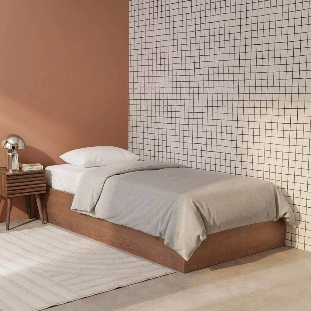 Letto contenitore con rete a doghe 90x190cm decorazione legno, noce