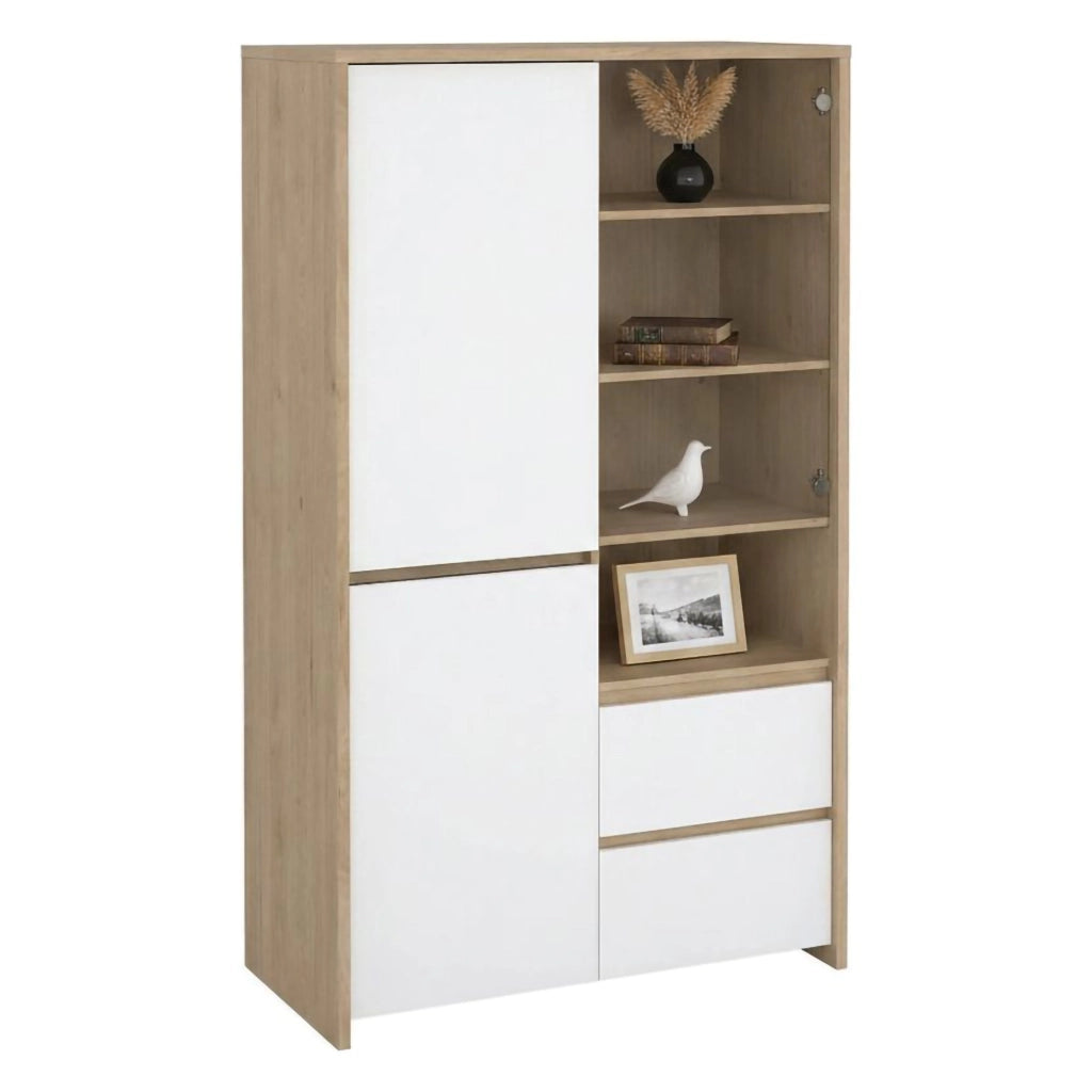 Vetrina Reykjavik, Credenza espositiva, Vetrinetta multiuso, Madia da soggiorno, 100x48 h170 cm, Rovere e Bianco lucido