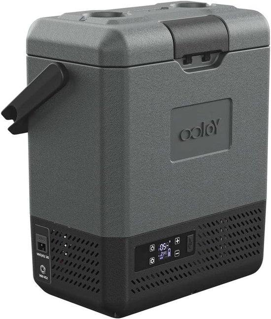 Mini-draagbare unit di raffreddamento elettrica con compressore 12/24 V DC per auto, furgone, barca e uso domestico con ingresso USB, temperatura minima -20 °C, colore grigio.