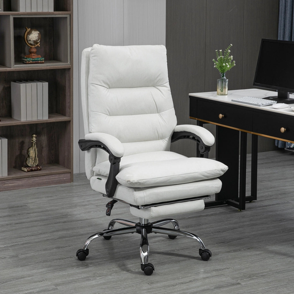 Sedia da ufficio massaggiante schienale reclinabile 135° e poggiapiedi in poliestere bianco crema 65 × 72 × 109-117 cm