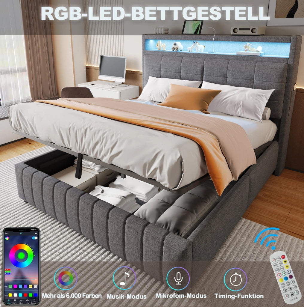 Letto matrimoniale imbottito 160x200 cm con LED e USB grigio