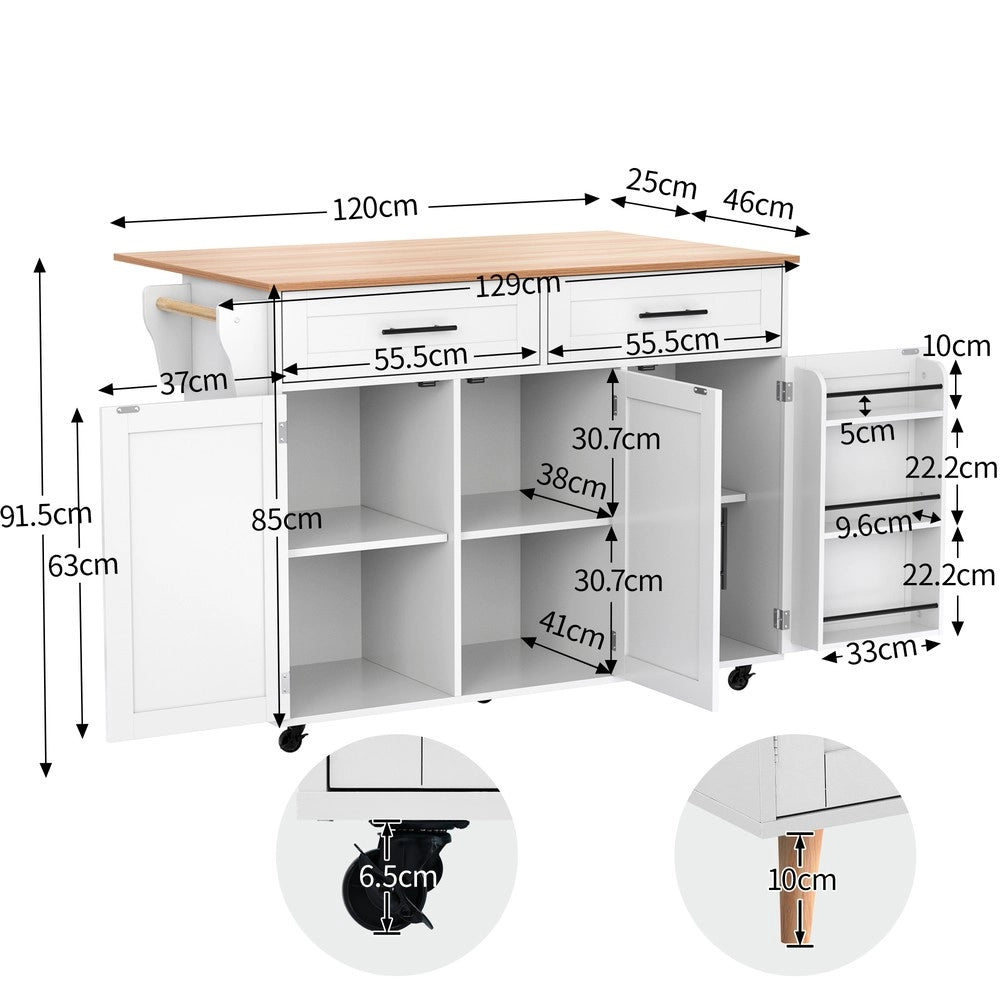Carrello da Cucina con Ripiani ¨C Xylo ¨C Legno Massello e Bianco, Pieghevole, con Ruote, 129x46x91,5 cm