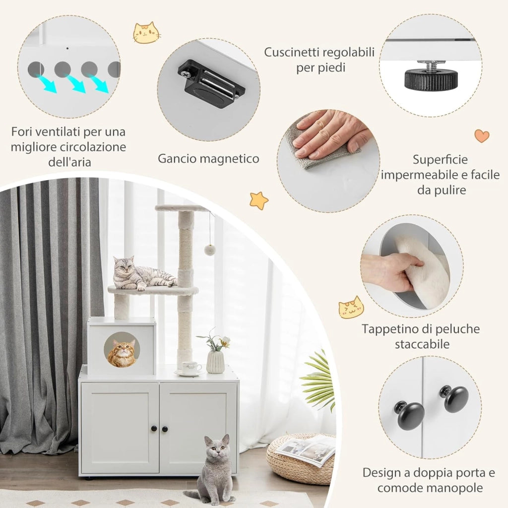 Tiragraffi per Gatti Adulti con Rifugio ad Ante Nascosto, Torre per Gatti con Cuccia, Piattaforma, Cuscini e Tiragraffi, Albero per Animali Grandi Alto in Legno, 77,5 x 49 x 132 cm (Bianco)