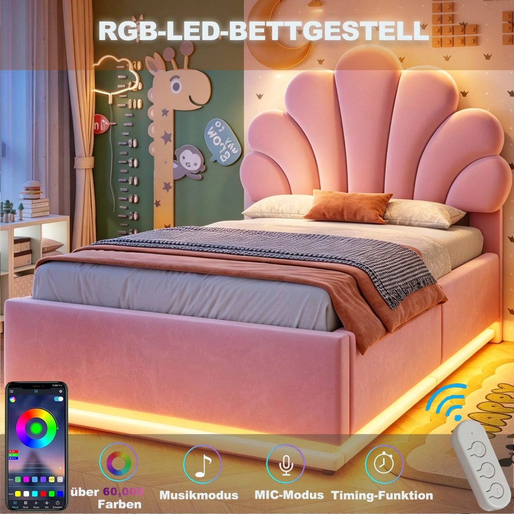DESMIU Letto singolo 90 × 200 cm con contenitore idraulico, LED e testiera floreale, senza materasso, rosa
