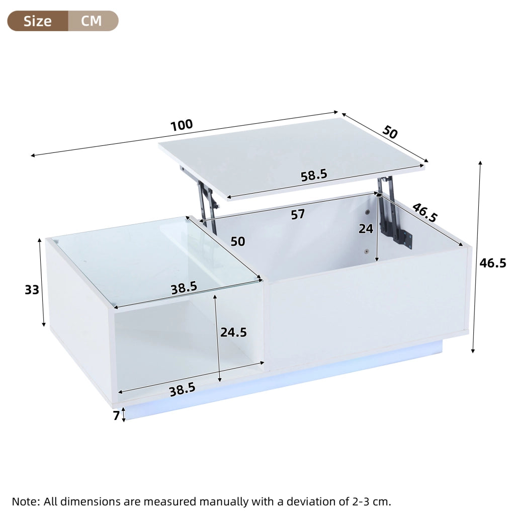 Tavolino da caff猫 100x50x33 cm; piano sollevabile con LED app; truciolato bianco