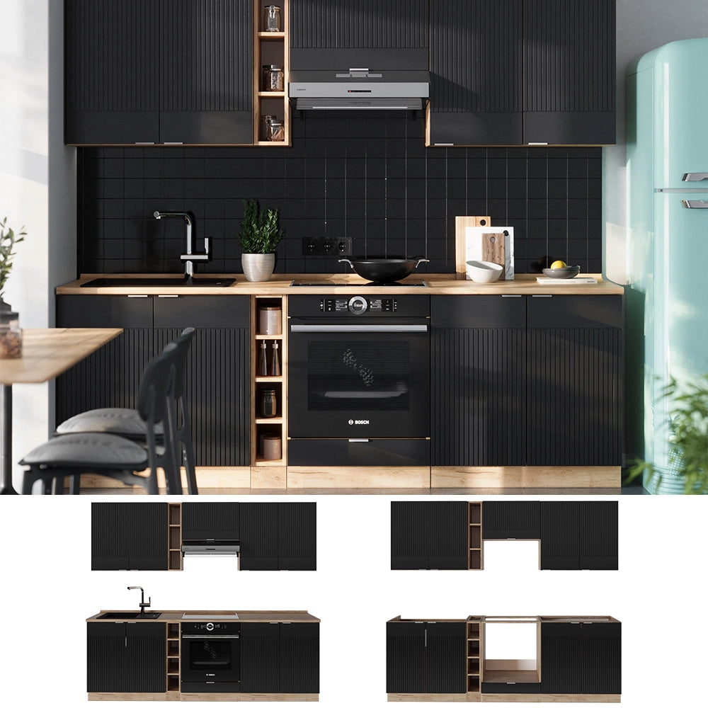 Cucina componibile Fame-Line Nero rigato/Rovere dorato 235 cm, PL Marmo Vicco