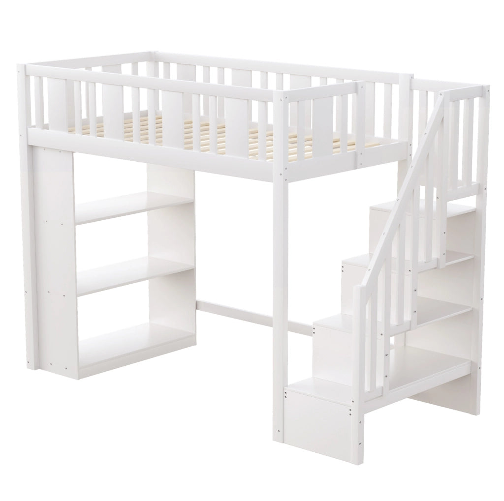 Letto a soppalco 90x200 cm con scala contenitore e 3 vani laterali bianco