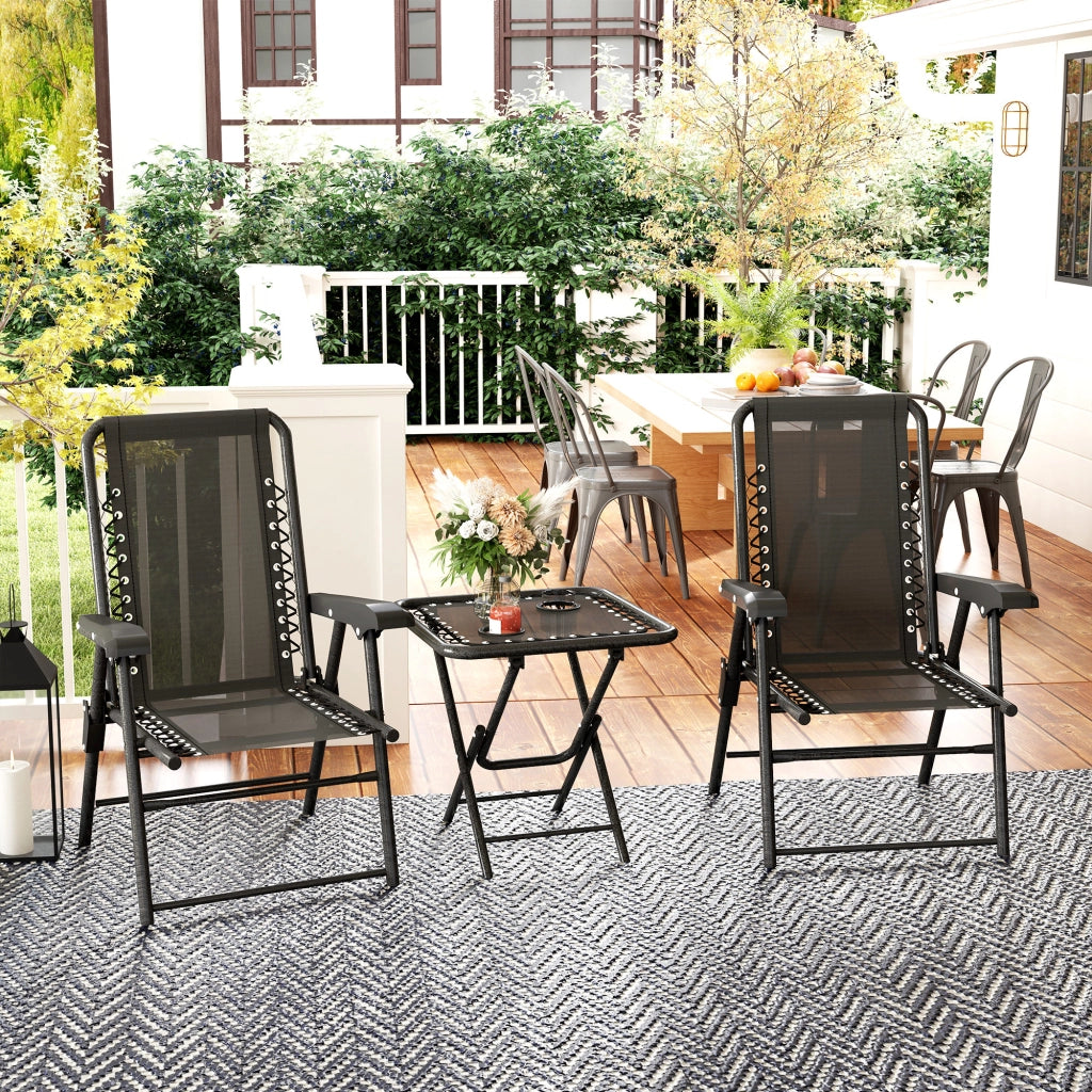 Set bistrot in acciaio a 3 pezzi: pesante; tavolo pieghevole + portatabicchieri + sedie; nero