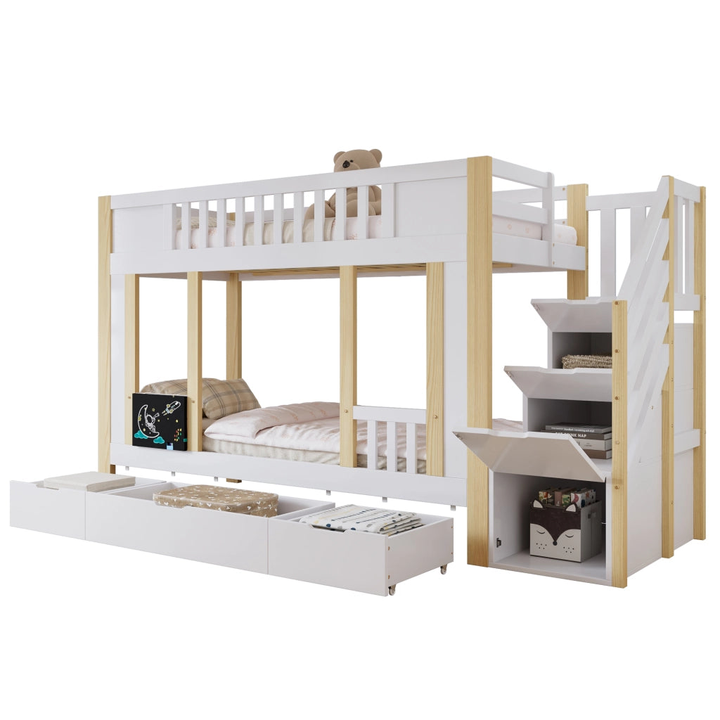 OKWISH Letto a Castello 90×200 cm, Letto Singolo con Scala Contenitore, 3 Cassetti e Lavagna, senza Materasso, Bianco Naturale