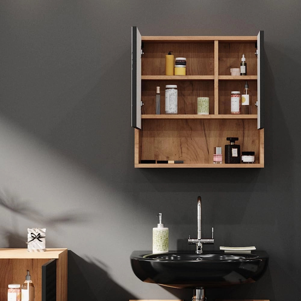 Mobile a specchio per il bagno Irma, Antracite puntinato, 54 x 55 cm, per montaggio a parete con specchio e vani a giorno