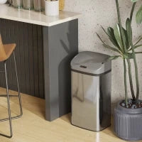 Bidone della spazzatura con sensore da 48 L per cucina o ufficio, funzione di chiusura automatica, in acciaio inossidabile, tono argento