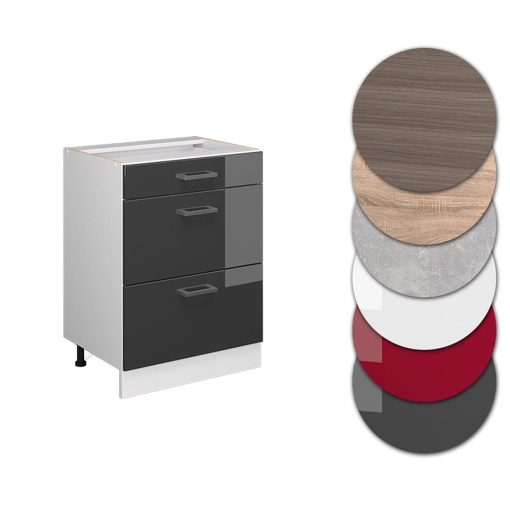 Mobiletto base per cucina R-Line Antracite lucido/Bianco 60 cm con cassetti, senza piano di lavoro Vicco