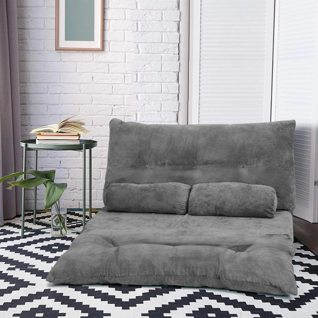 Divano da Terra, Divano Letto Multifunzionale Regolabile in 6 Posizioni con 2 Cuscini, con Fodera in Camoscio per Camera da Letto Salone Balcone (Grigio 156x173x24 cm)